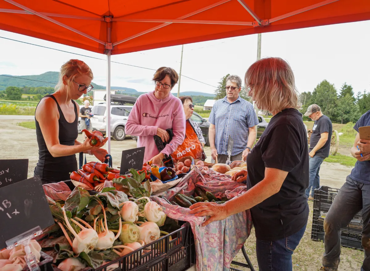 Isabelle, maraîchère à la Ferme Aux Jardins de la Bergère au point de livraison des paniers de légumes bio.